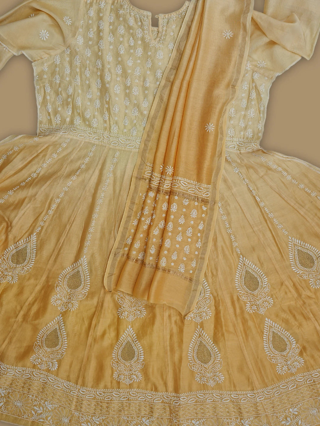 Ada Hand Embroidered Ombre Shade of Yellow Chanderi Lucknowi Chikankari Semi-Stitched Kurta Dupatta Set With Zari Work 01A224432