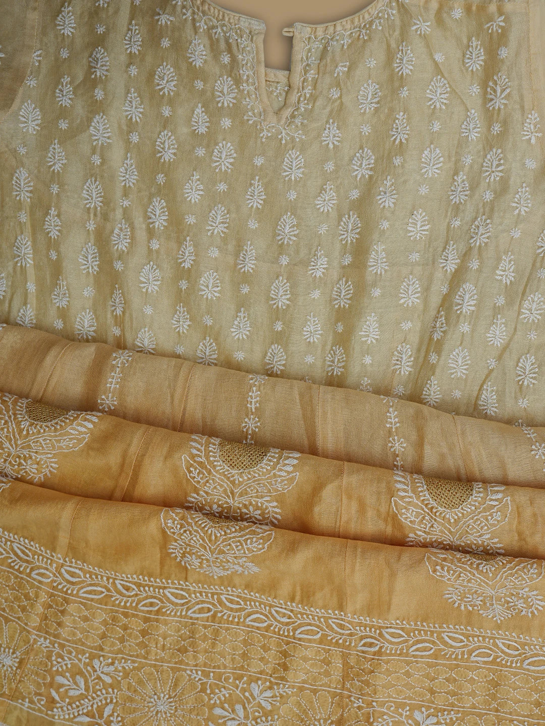 Ada Hand Embroidered Ombre Shade of Yellow Chanderi Lucknowi Chikankari Semi-Stitched Kurta Dupatta Set With Zari Work 01A224432