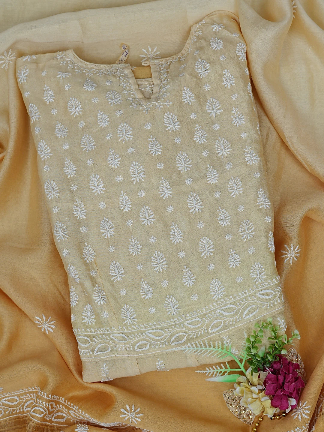 Ada Hand Embroidered Ombre Shade of Yellow Chanderi Lucknowi Chikankari Semi-Stitched Kurta Dupatta Set With Zari Work 01A224432