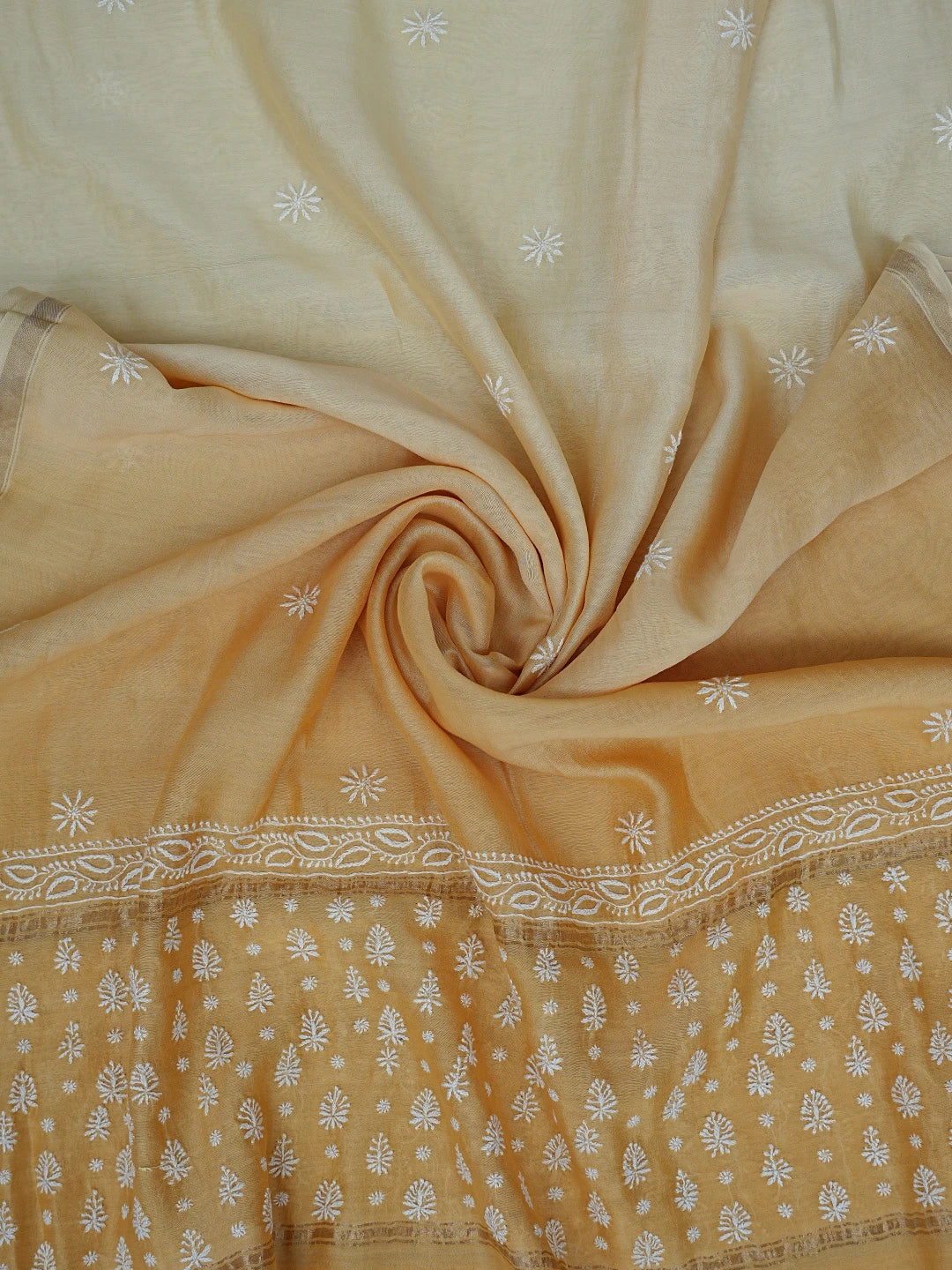 Ada Hand Embroidered Ombre Shade of Yellow Chanderi Lucknowi Chikankari Semi-Stitched Kurta Dupatta Set With Zari Work 01A224432