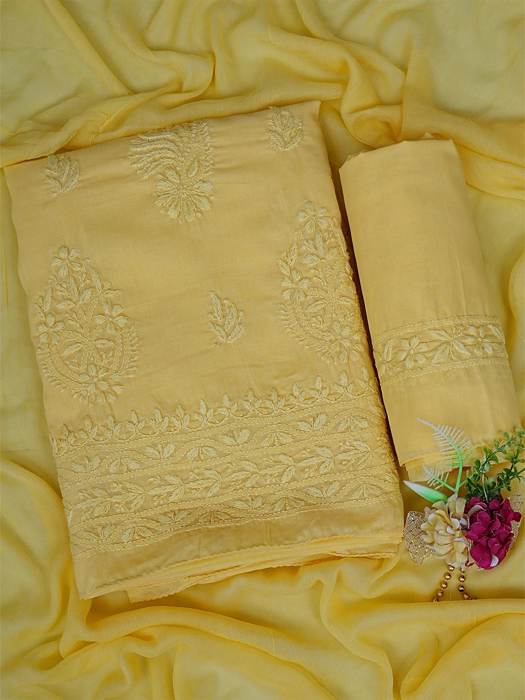 Ada Hand Embroidered Yellow Cotton Lucknowi Chikankari Unstitched Suit Piece 01A488959