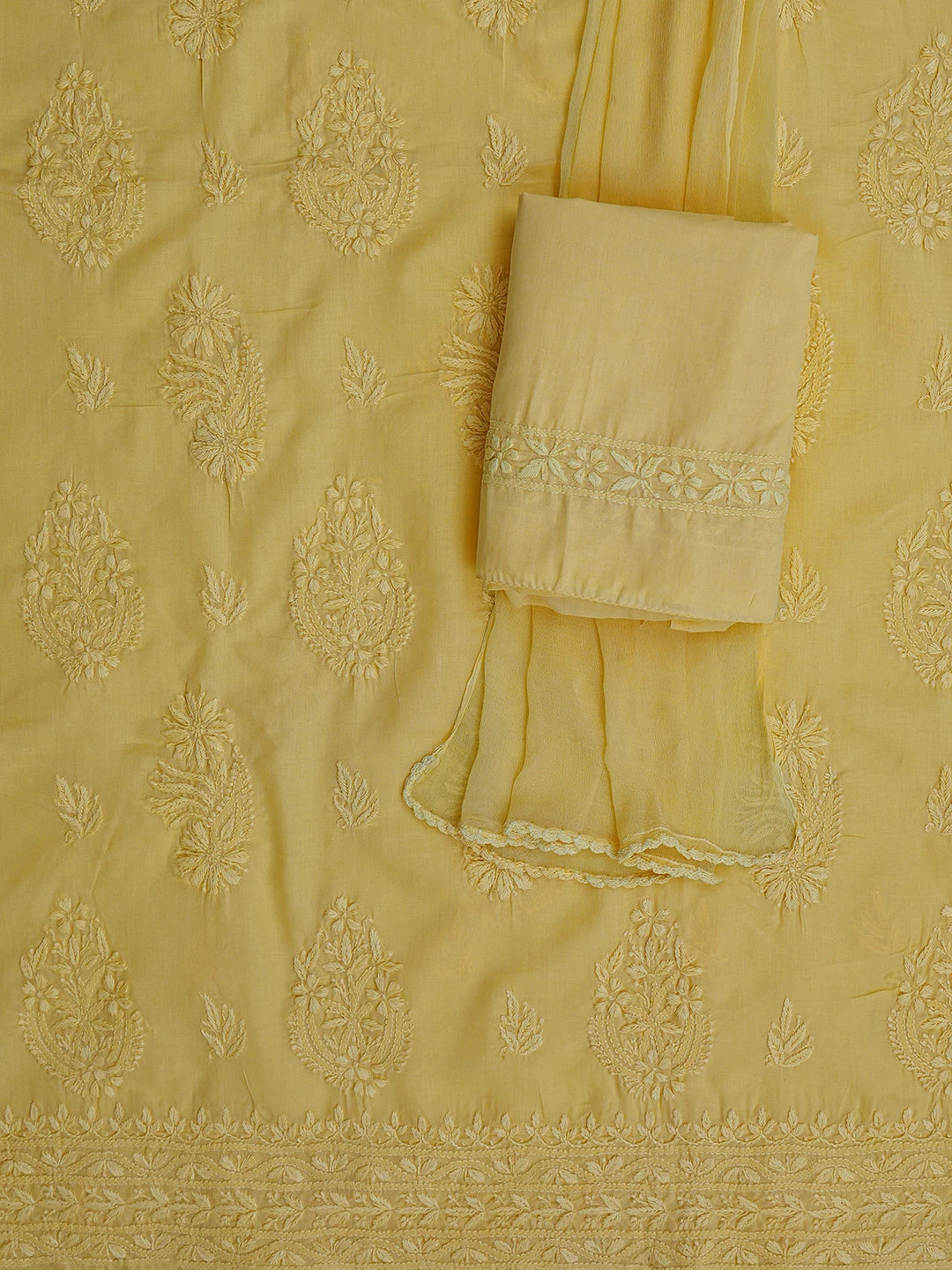 Ada Hand Embroidered Yellow Cotton Lucknowi Chikankari Unstitched Suit Piece 01A488959