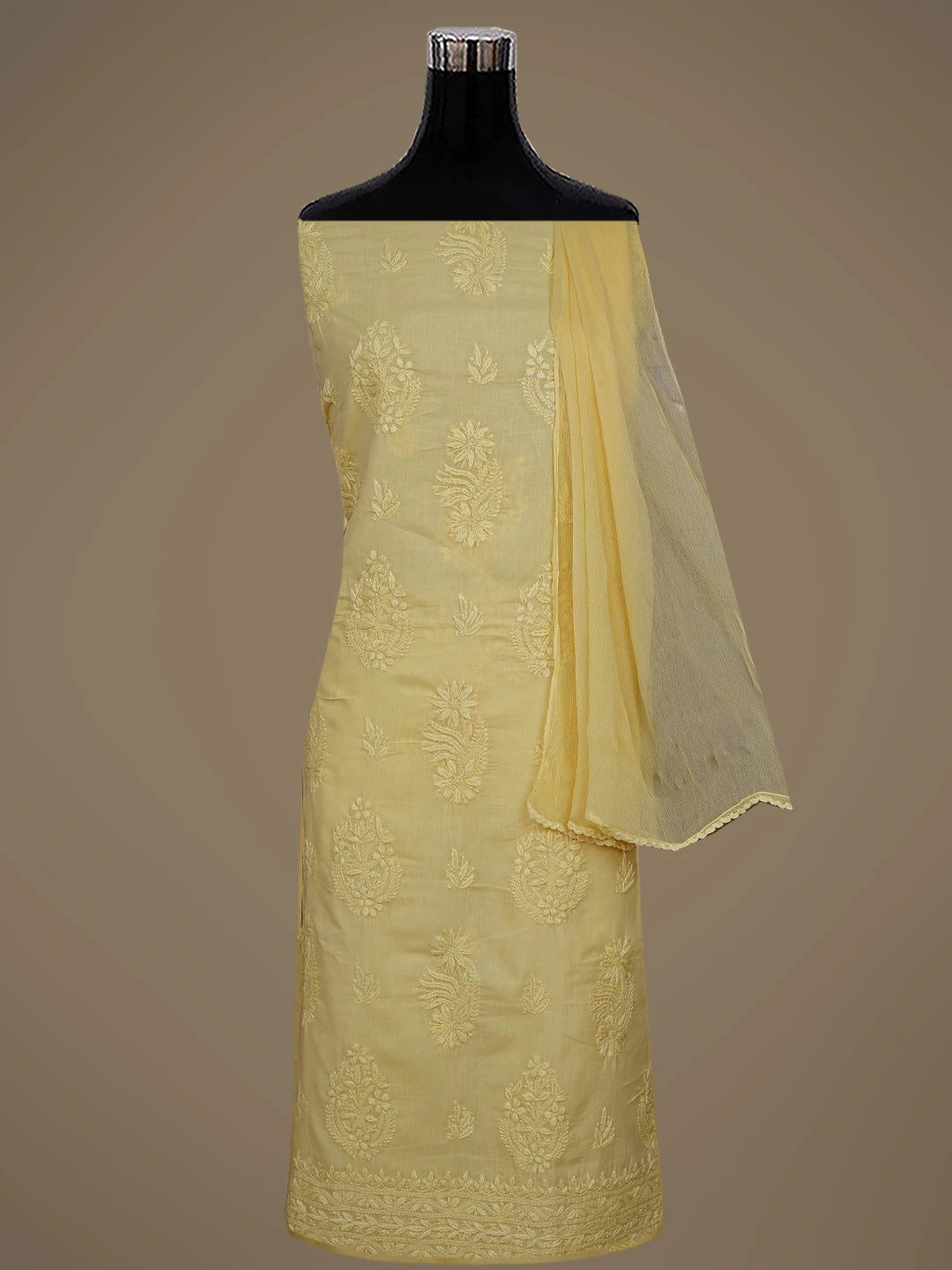 Ada Hand Embroidered Yellow Cotton Lucknowi Chikankari Unstitched Suit Piece 01A488959