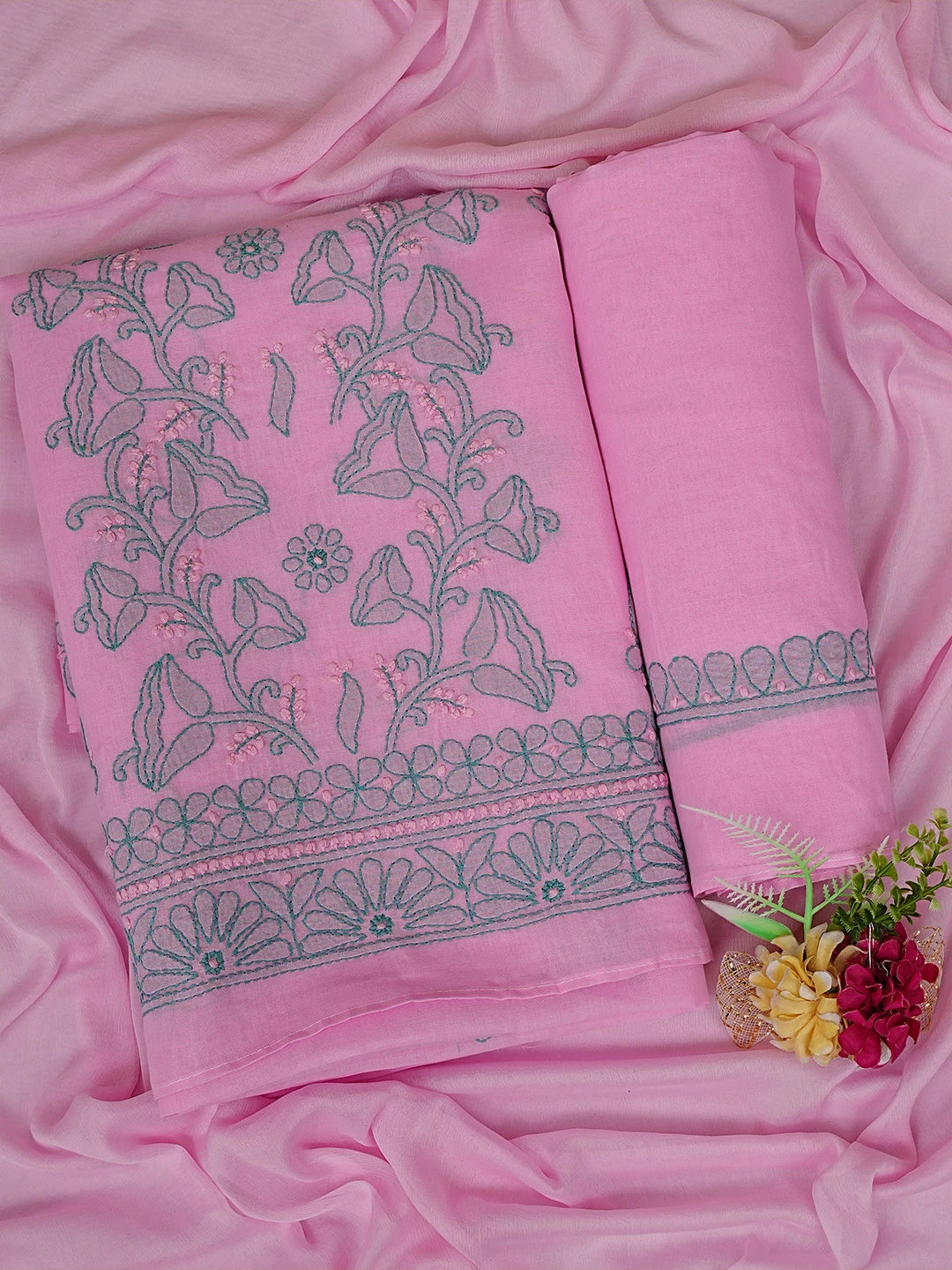 Ada Hand Embroidered Pink Cotton Lucknowi Chikankari Unstitched Suit Piece 01A630623