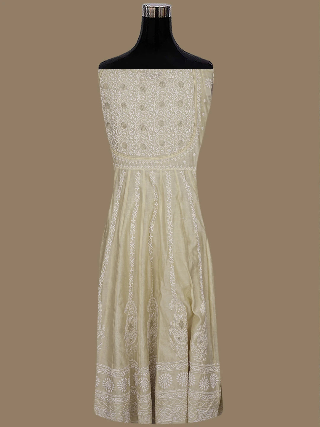 Ada Hand Embroidered Beige Chanderi Lucknowi Chikankari Semi-Stitched Kurta Dupatta Set With Zari Work 01A403862
