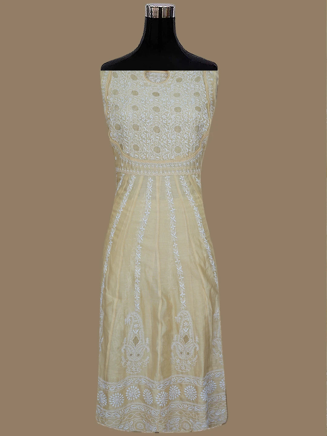Ada Hand Embroidered Beige Chanderi Lucknowi Chikankari Semi-Stitched Kurta Dupatta Set With Zari Work 01A403862