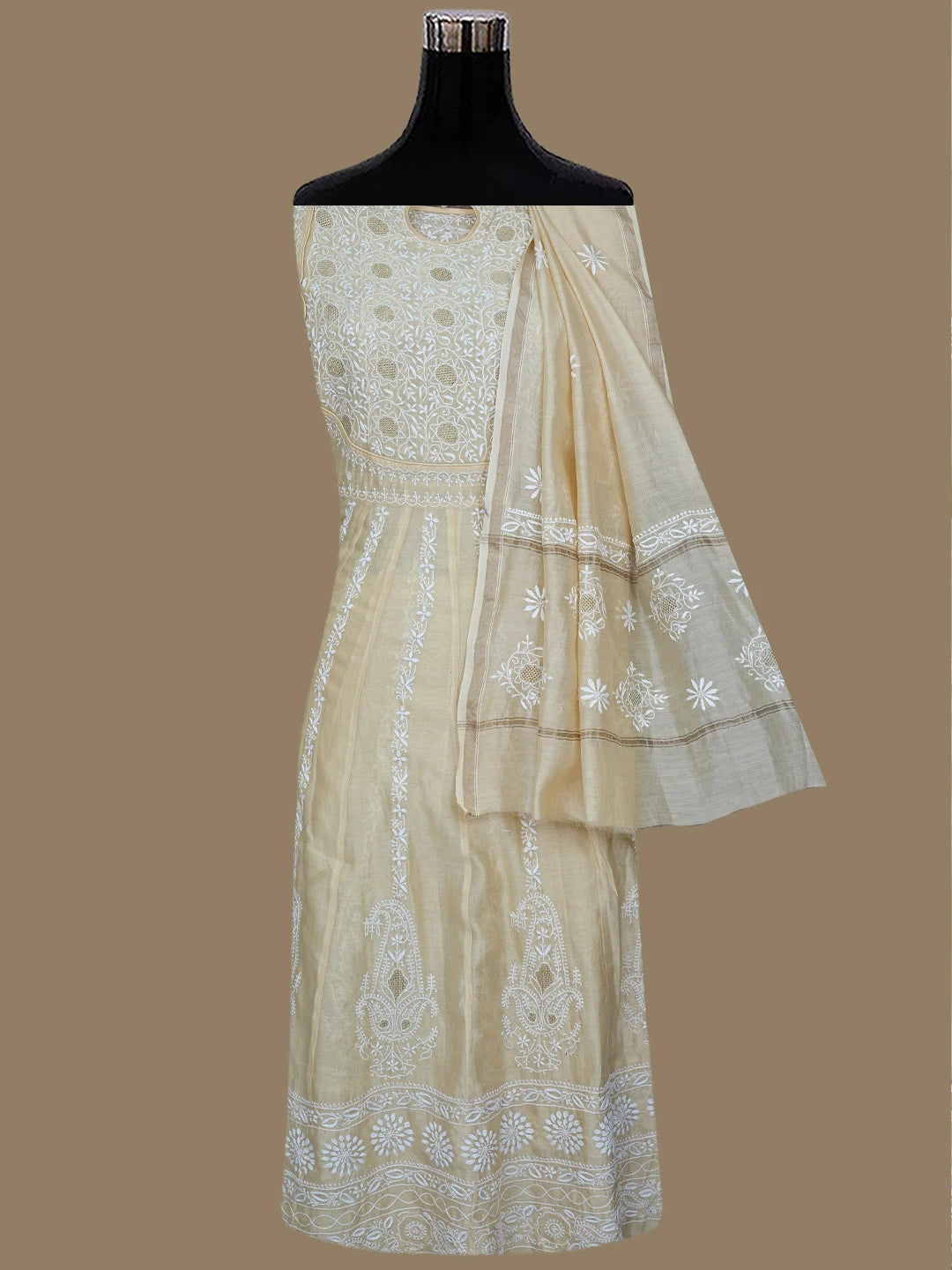 Ada Hand Embroidered Beige Chanderi Lucknowi Chikankari Semi-Stitched Kurta Dupatta Set With Zari Work 01A403862