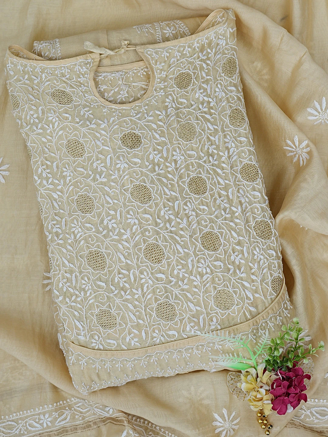 Ada Hand Embroidered Beige Chanderi Lucknowi Chikankari Semi-Stitched Kurta Dupatta Set With Zari Work 01A403862