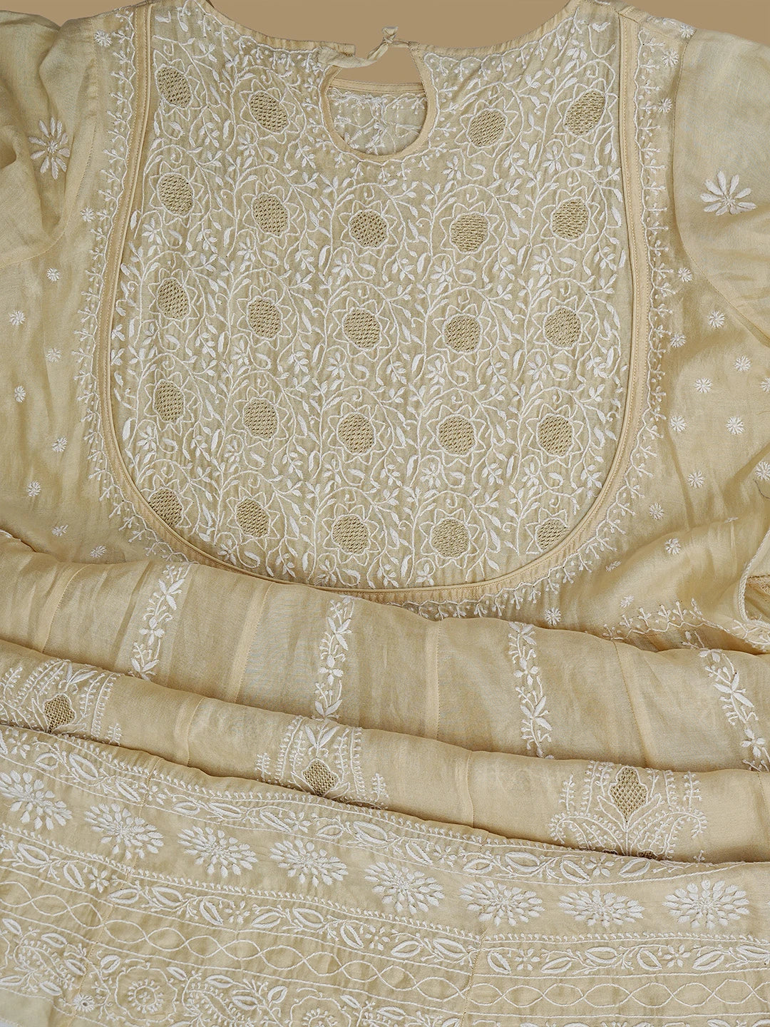 Ada Hand Embroidered Beige Chanderi Lucknowi Chikankari Semi-Stitched Kurta Dupatta Set With Zari Work 01A403862