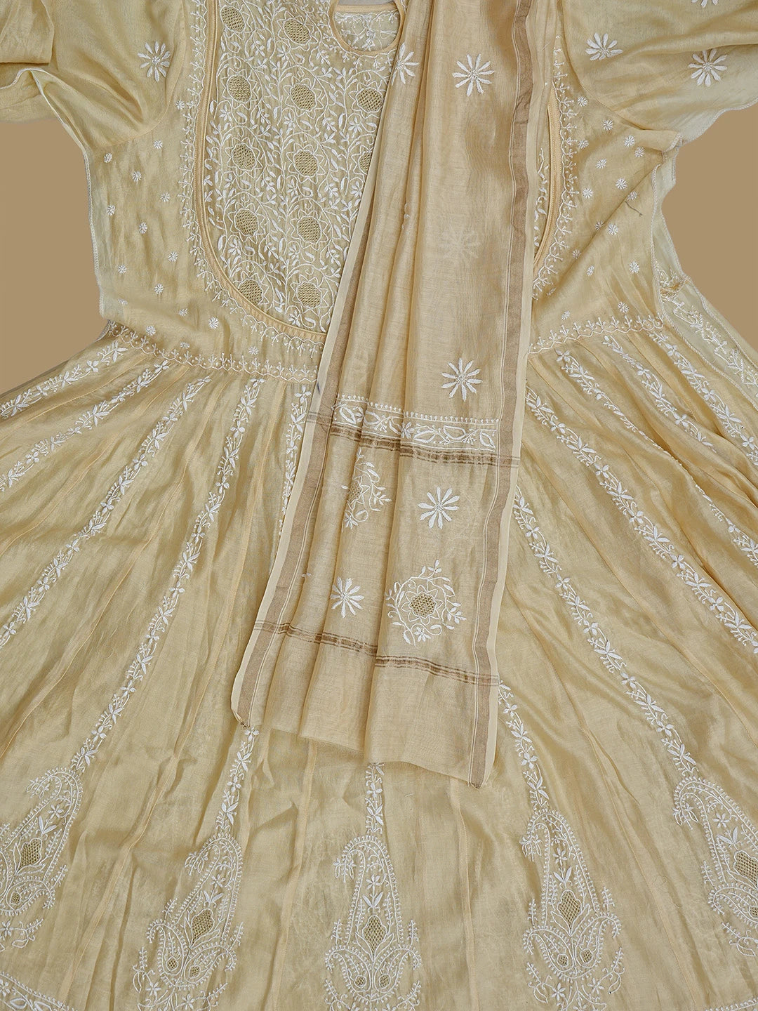 Ada Hand Embroidered Beige Chanderi Lucknowi Chikankari Semi-Stitched Kurta Dupatta Set With Zari Work 01A403862