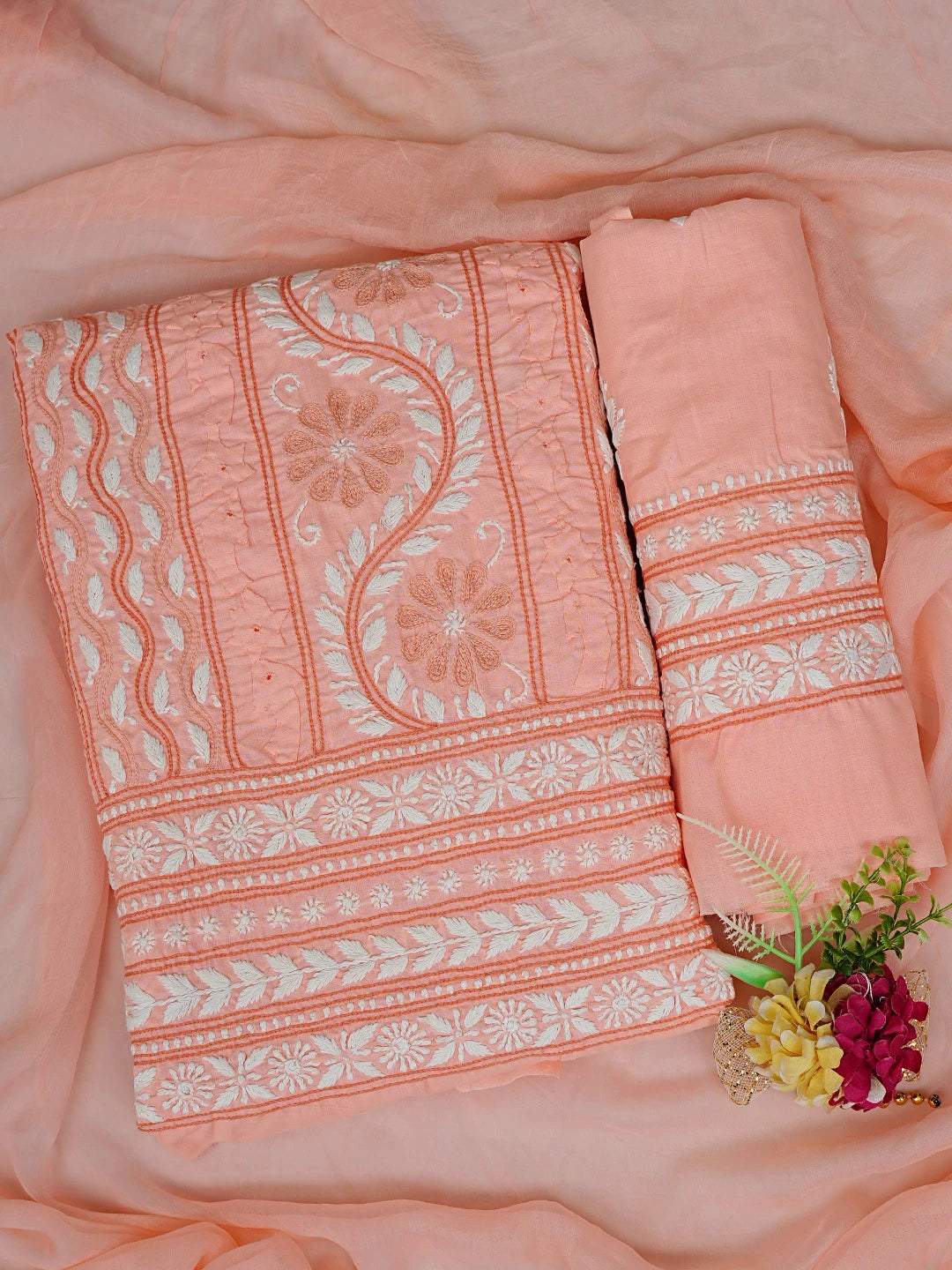 Ada Hand Embroidered Peach Cotton Lucknowi Chikankari Unstitched Suit Piece 01A763928