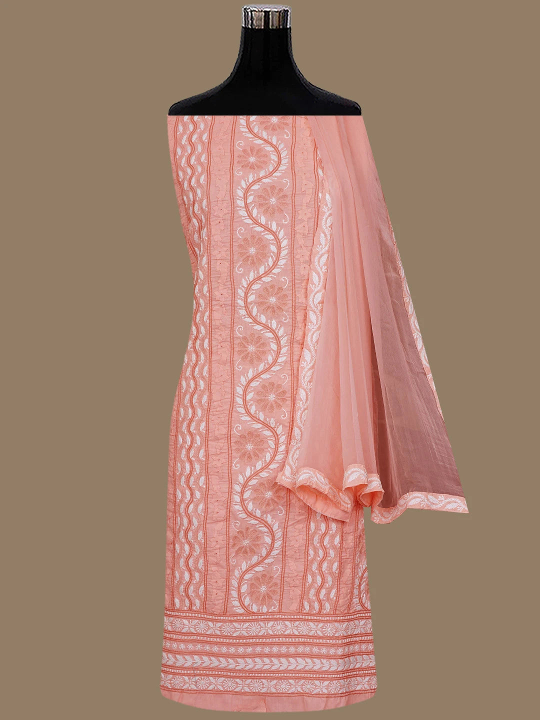 Ada Hand Embroidered Peach Cotton Lucknowi Chikankari Unstitched Suit Piece 01A763928