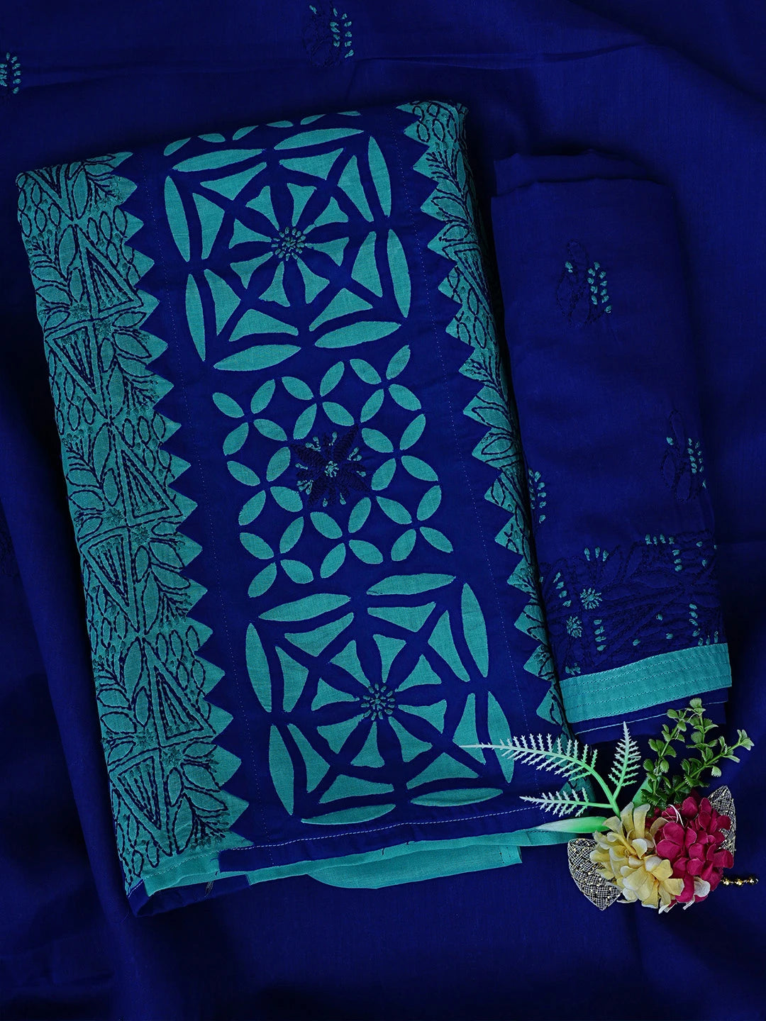 Ada Hand Embroidered Green and Royal Blue Cotton Lucknowi Chikankari Unstitched Suit Piece 01A845163