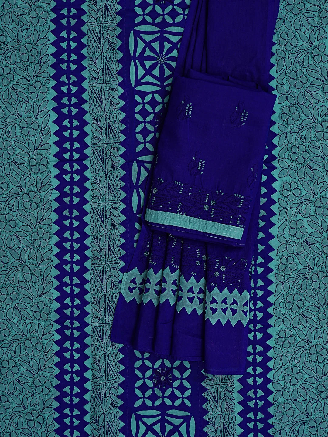 Ada Hand Embroidered Green and Royal Blue Cotton Lucknowi Chikankari Unstitched Suit Piece 01A845163