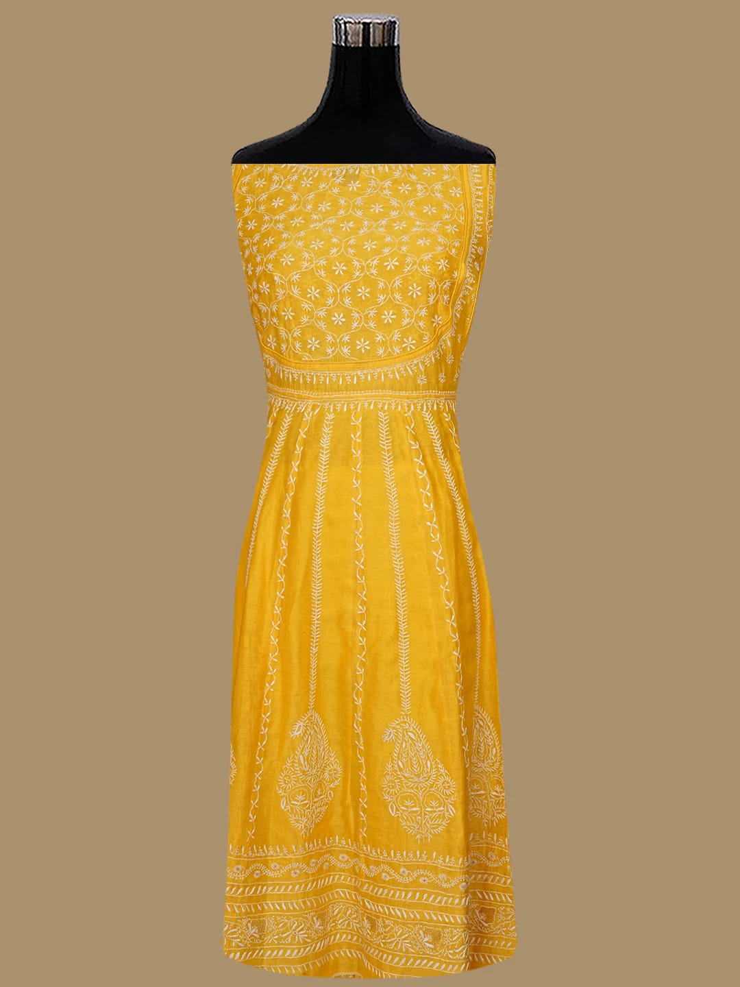 Ada Hand Embroidered Yellow Chanderi Lucknowi Chikankari Semi-Stitched Kurta Dupatta Set With Zari Work 01A403865