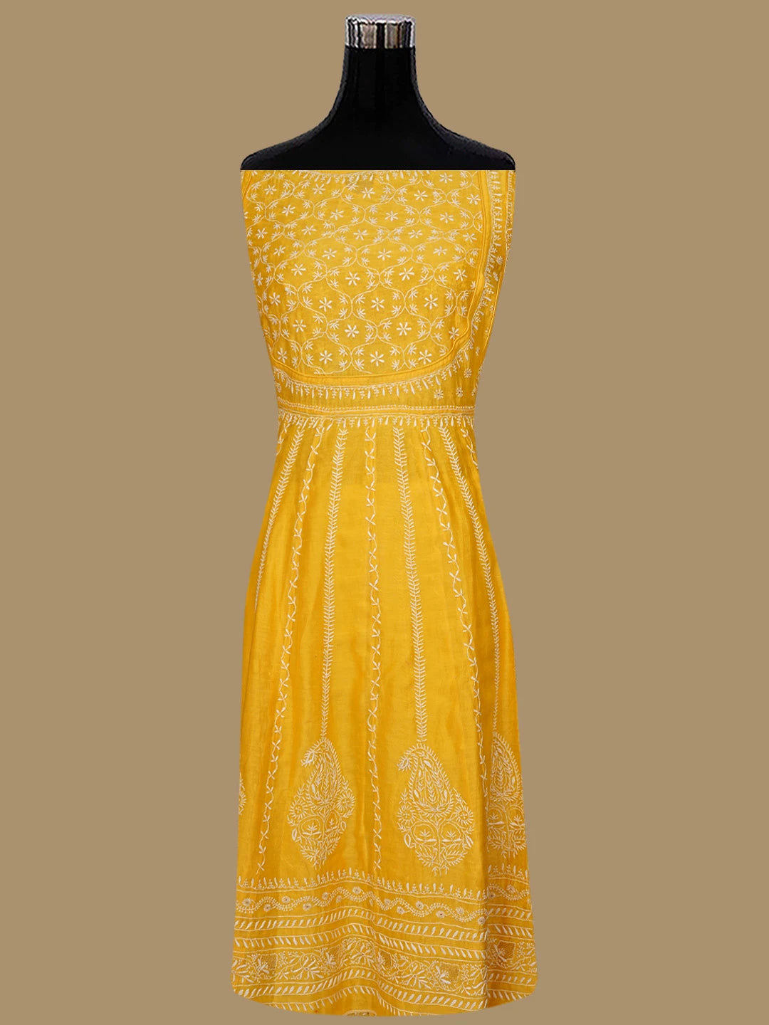 Ada Hand Embroidered Yellow Chanderi Lucknowi Chikankari Semi-Stitched Kurta Dupatta Set With Zari Work 01A403865