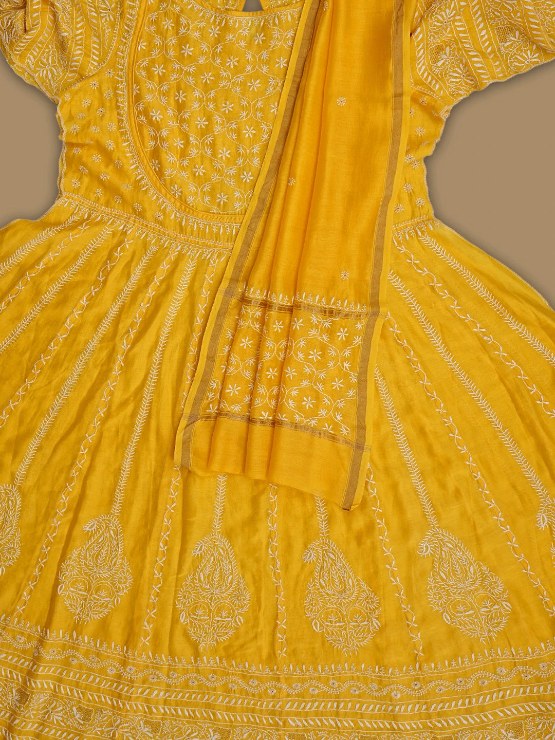 Ada Hand Embroidered Yellow Chanderi Lucknowi Chikankari Semi-Stitched Kurta Dupatta Set With Zari Work 01A403865