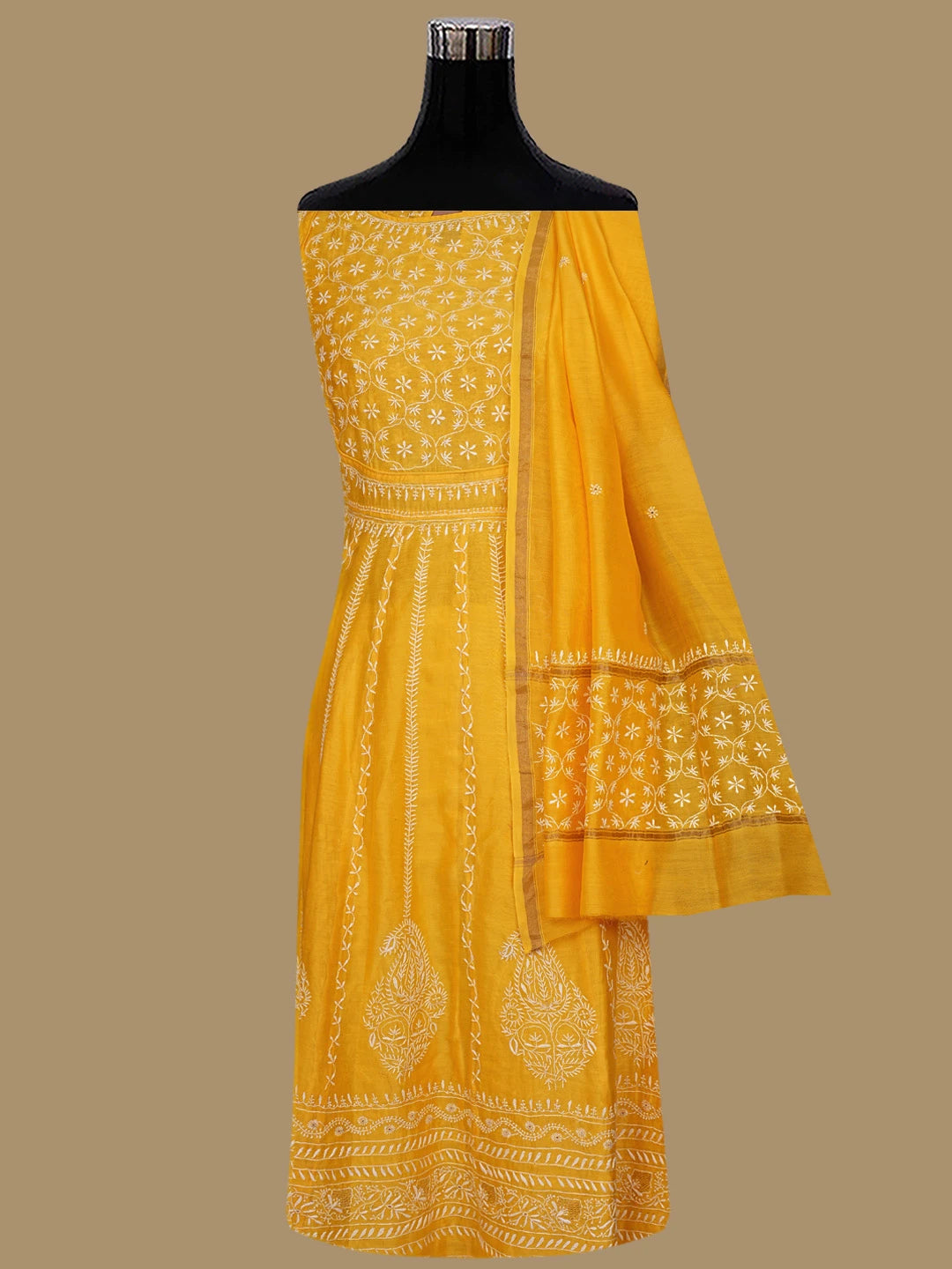 Ada Hand Embroidered Yellow Chanderi Lucknowi Chikankari Semi-Stitched Kurta Dupatta Set With Zari Work 01A403865