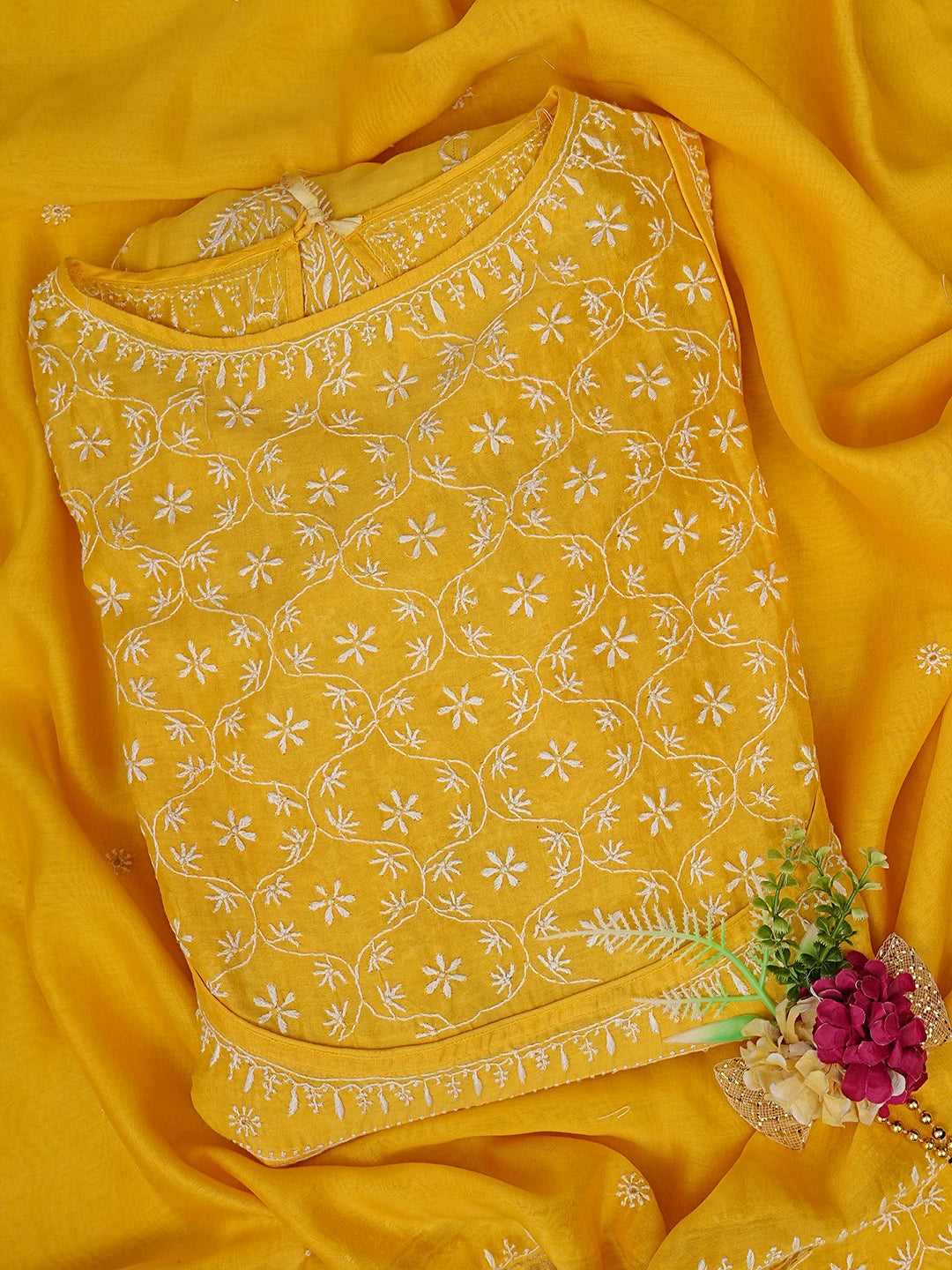Ada Hand Embroidered Yellow Chanderi Lucknowi Chikankari Semi-Stitched Kurta Dupatta Set With Zari Work 01A403865