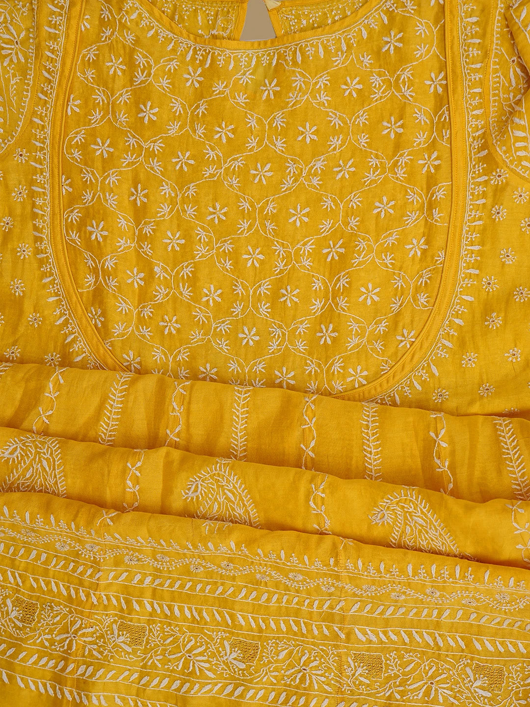 Ada Hand Embroidered Yellow Chanderi Lucknowi Chikankari Semi-Stitched Kurta Dupatta Set With Zari Work 01A403865