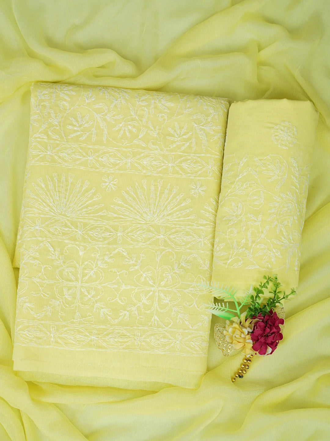 Ada Hand Embroidered Lemon Cotton Lucknowi Chikankari Unstitched Suit Piece 01A346908