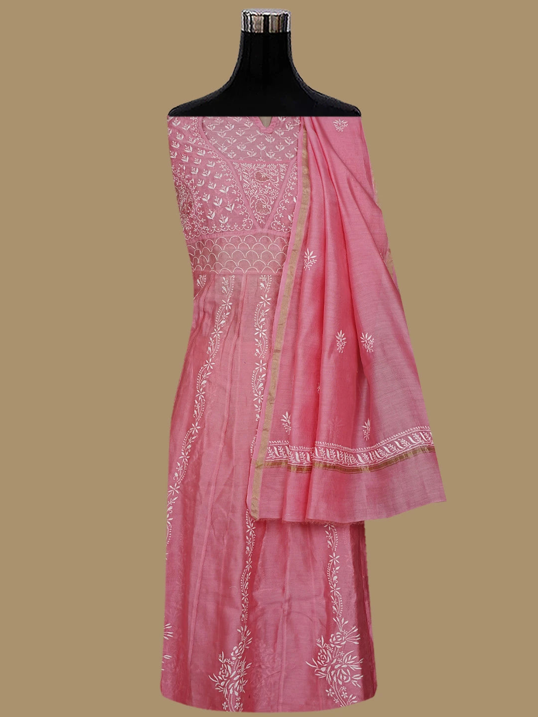 Ada Hand Embroidered Pink Chanderi Lucknowi Chikankari Semi-Stitched Anarkali Kurta Dupatta Set With Zari Work 01A231899