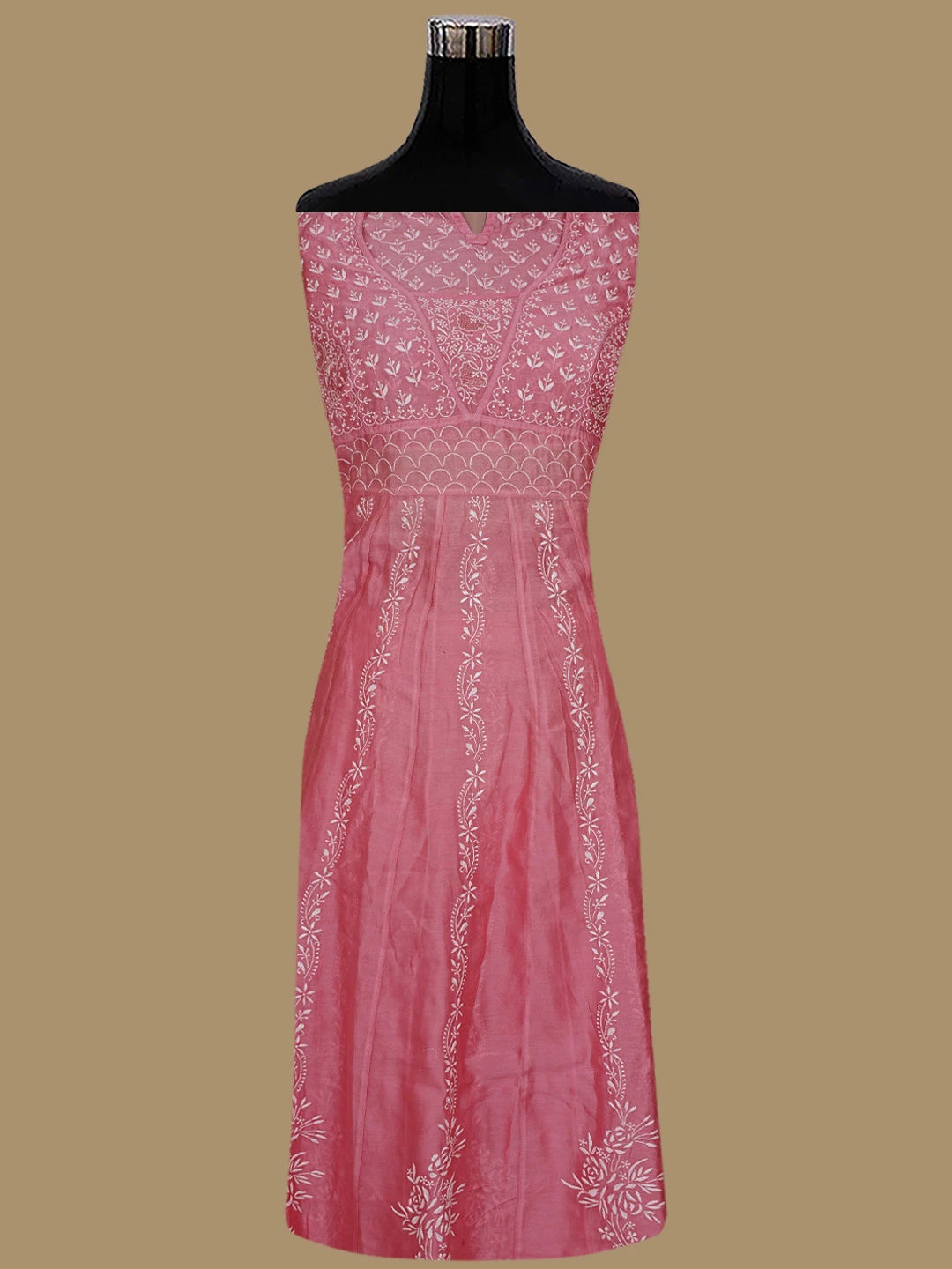 Ada Hand Embroidered Pink Chanderi Lucknowi Chikankari Semi-Stitched Anarkali Kurta Dupatta Set With Zari Work 01A231899