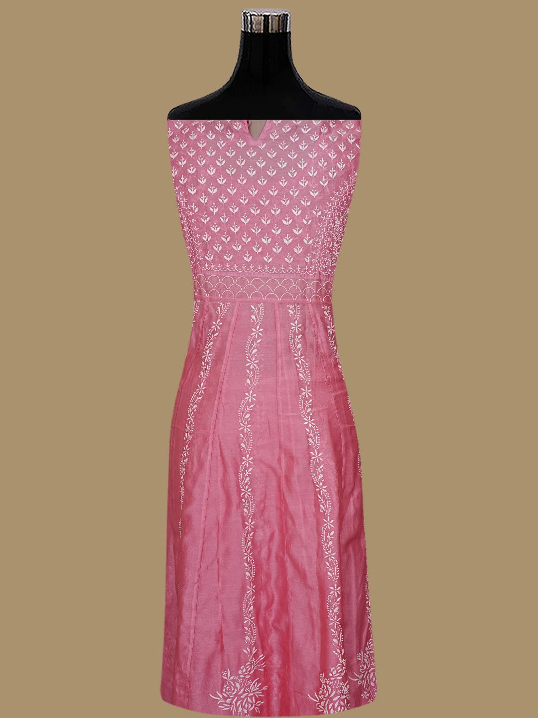 Ada Hand Embroidered Pink Chanderi Lucknowi Chikankari Semi-Stitched Anarkali Kurta Dupatta Set With Zari Work 01A231899