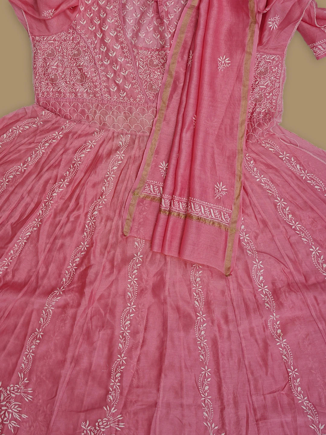 Ada Hand Embroidered Pink Chanderi Lucknowi Chikankari Semi-Stitched Anarkali Kurta Dupatta Set With Zari Work 01A231899