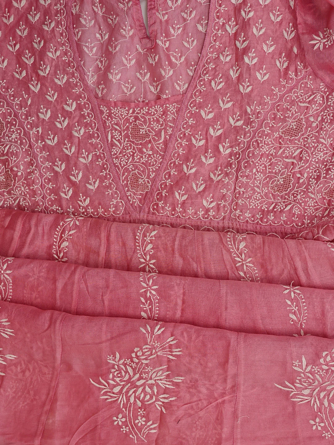 Ada Hand Embroidered Pink Chanderi Lucknowi Chikankari Semi-Stitched Anarkali Kurta Dupatta Set With Zari Work 01A231899