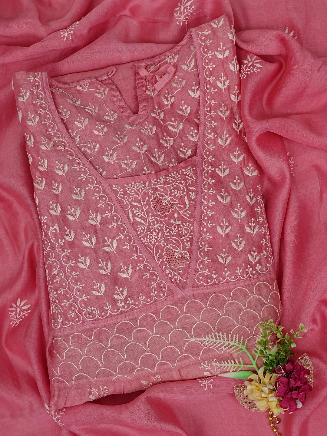 Ada Hand Embroidered Pink Chanderi Lucknowi Chikankari Semi-Stitched Anarkali Kurta Dupatta Set With Zari Work 01A231899