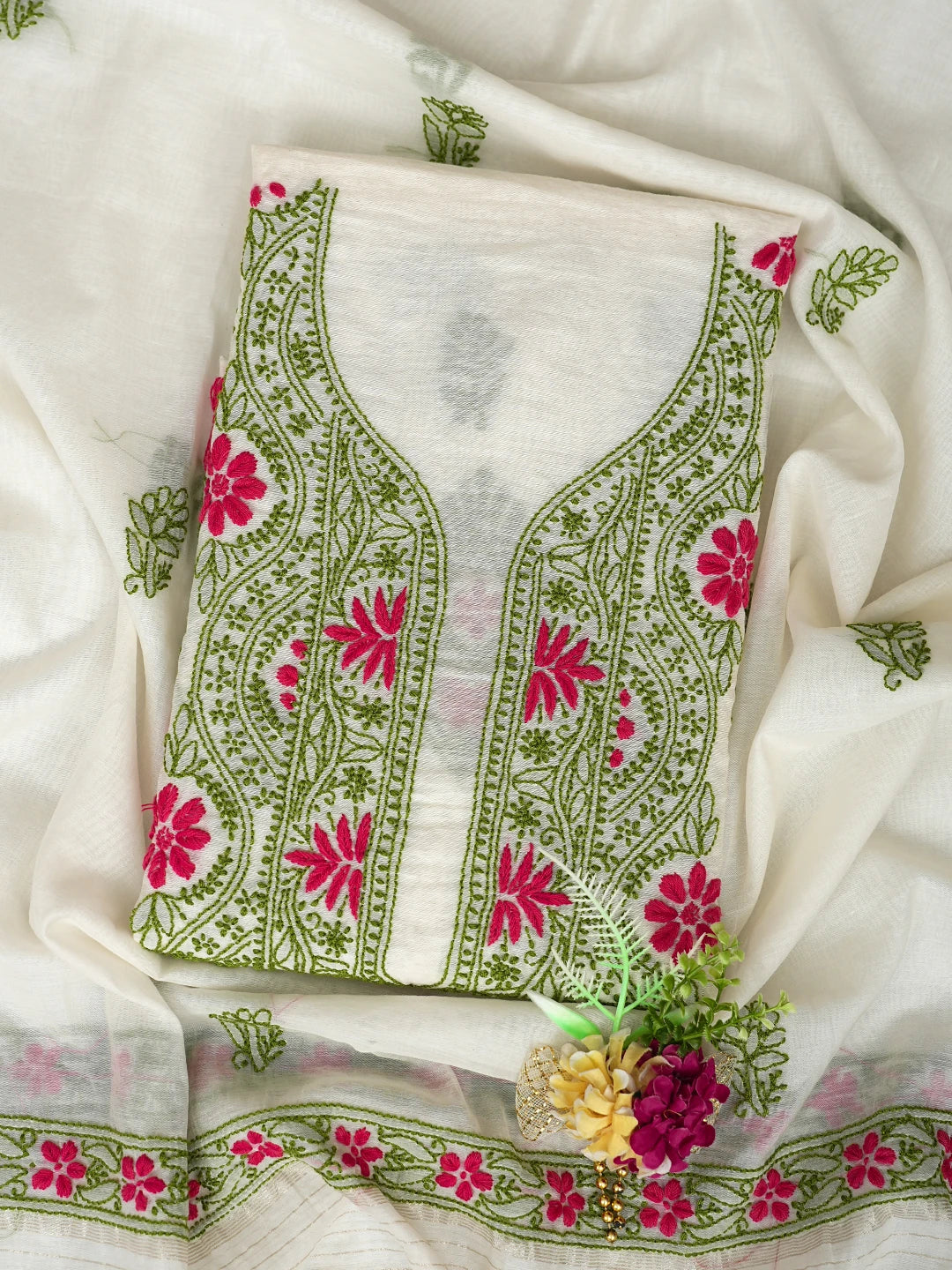 Ada Hand Embroidered Cream Chanderi Lucknowi Chikankari Unstitched Kurta Dupatta Set 01A862904