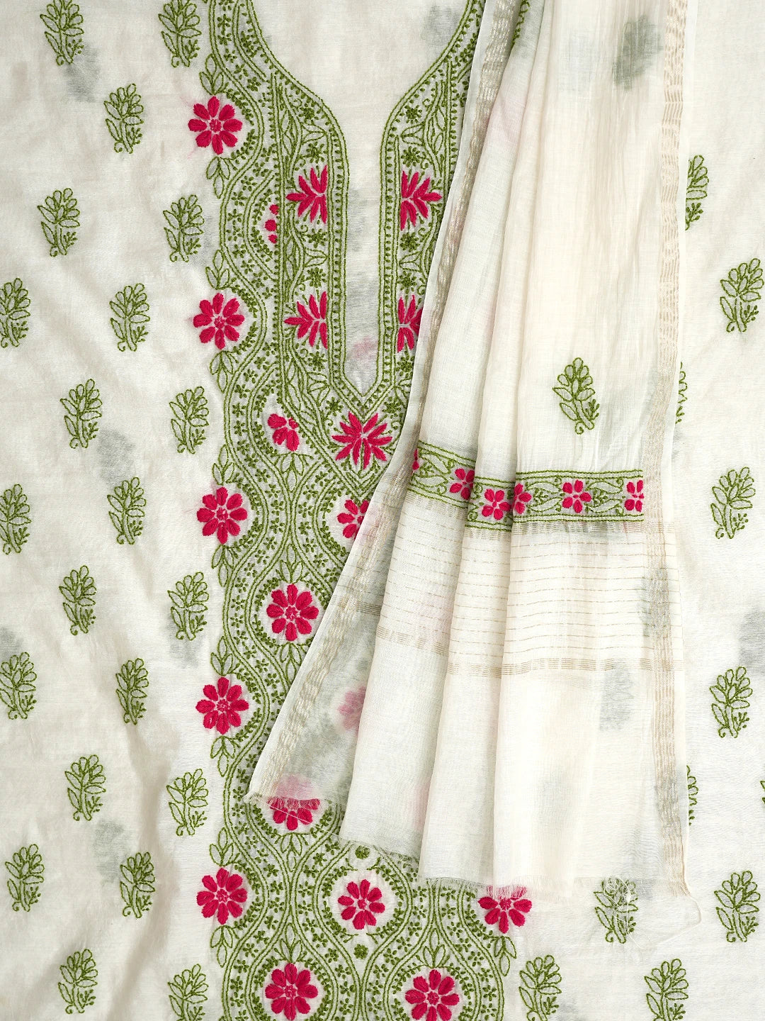 Ada Hand Embroidered Cream Chanderi Lucknowi Chikankari Unstitched Kurta Dupatta Set 01A862904