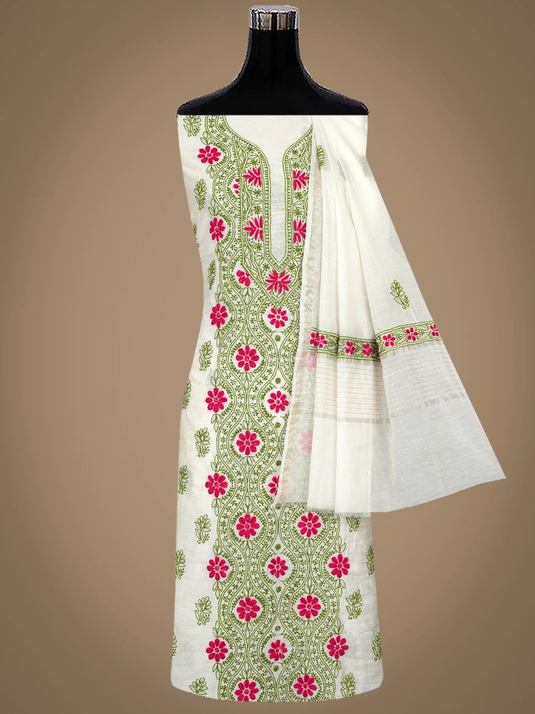 Ada Hand Embroidered Cream Chanderi Lucknowi Chikankari Unstitched Kurta Dupatta Set 01A862904