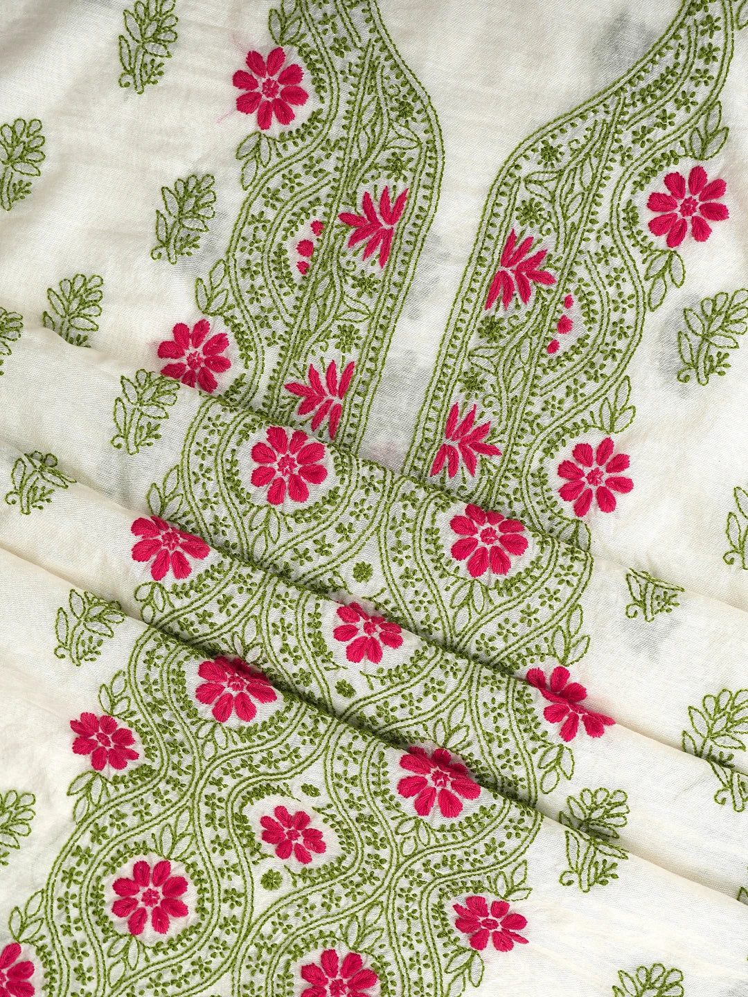 Ada Hand Embroidered Cream Chanderi Lucknowi Chikankari Unstitched Kurta Dupatta Set 01A862904