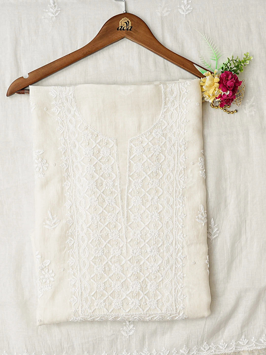 Ada Hand Embroidered White Chanderi Lucknowi Chikankari Unstitched Kurta Dupatta Set With Cutdana Work 01A858797