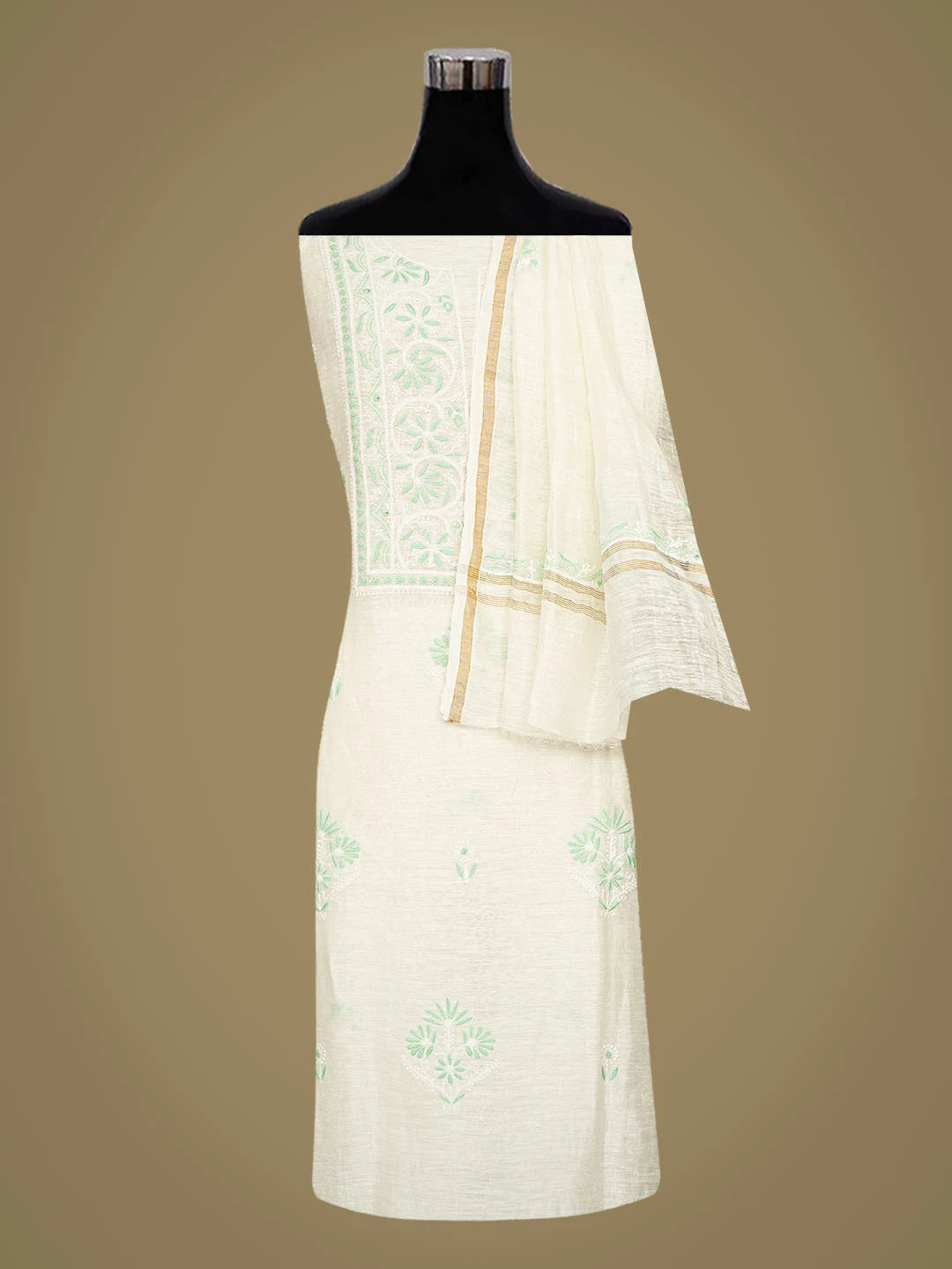 Ada Hand Embroidered White Chanderi Lucknowi Chikankari Unstitched Kurta Dupatta Set 01A460874