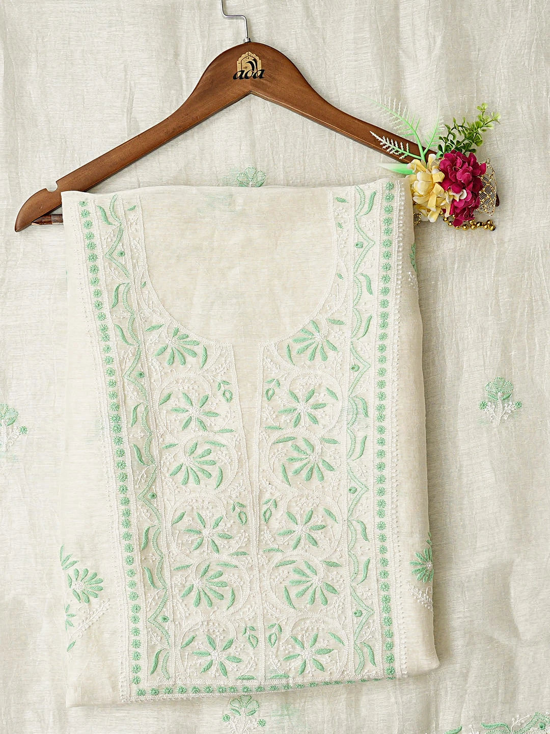 Ada Hand Embroidered White Chanderi Lucknowi Chikankari Unstitched Kurta Dupatta Set 01A460874