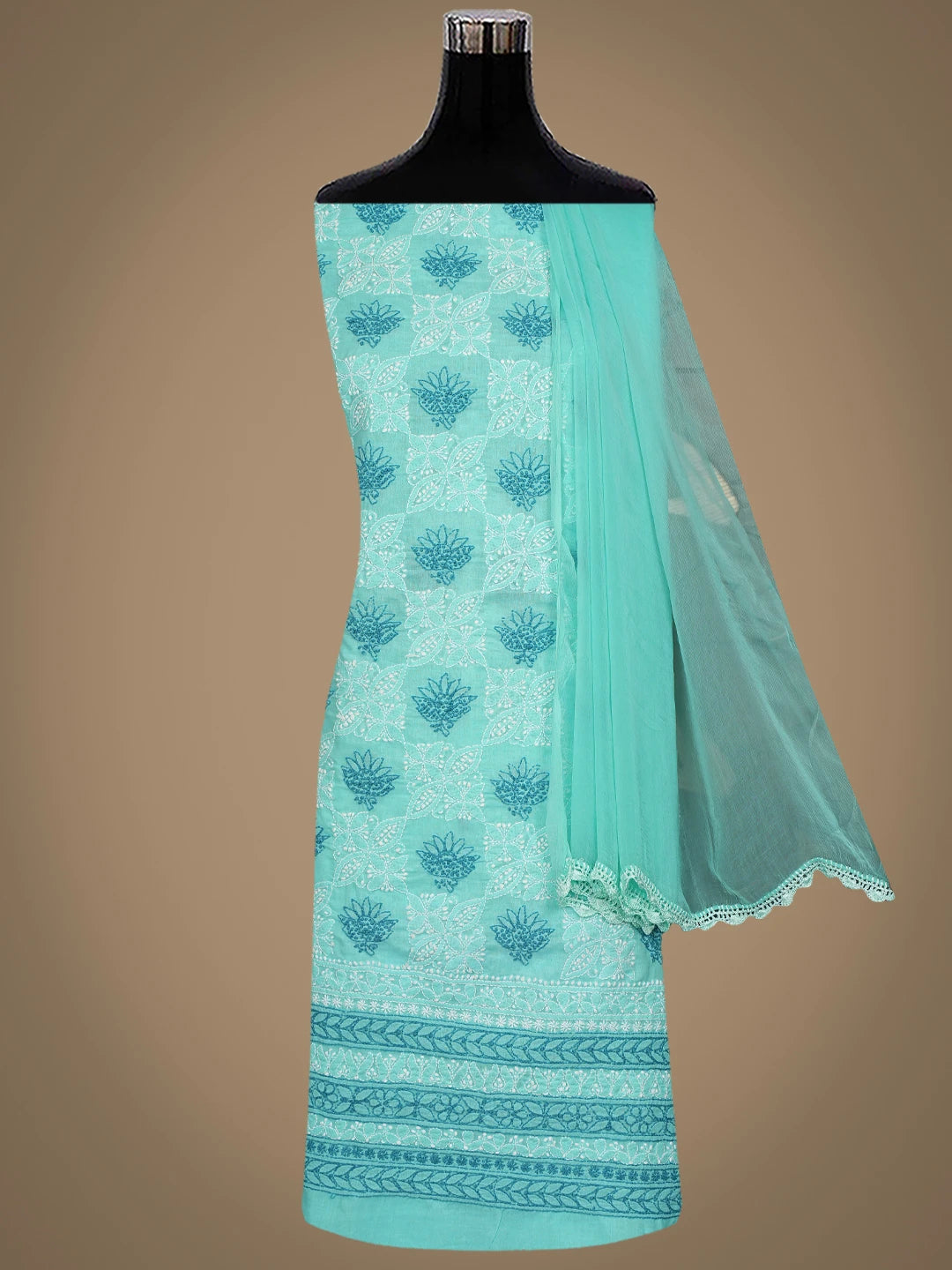 Ada Hand Embroidered Ice Blue Cotton Lucknowi Chikankari Unstitched Suit Piece 01A482541