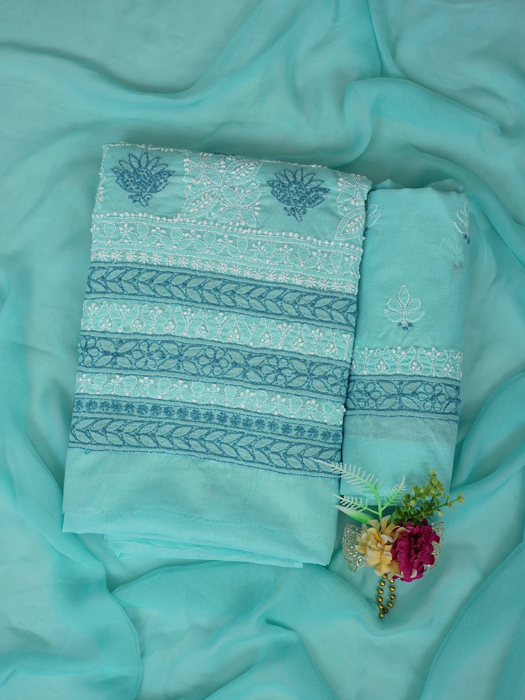 Ada Hand Embroidered Ice Blue Cotton Lucknowi Chikankari Unstitched Suit Piece 01A482541
