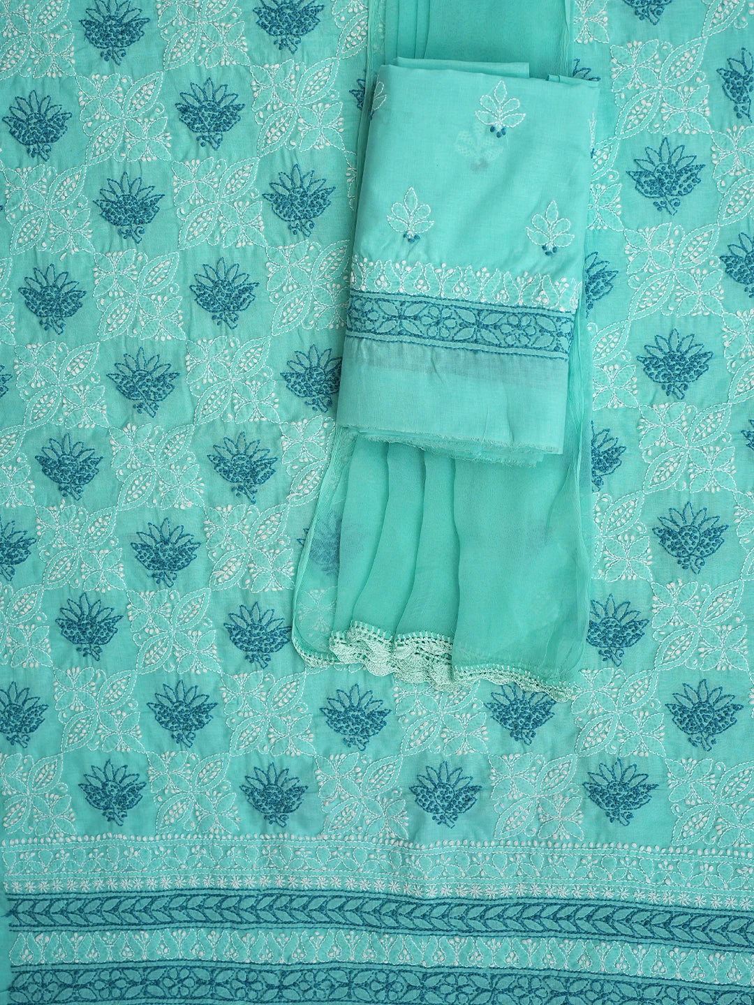 Ada Hand Embroidered Ice Blue Cotton Lucknowi Chikankari Unstitched Suit Piece 01A482541