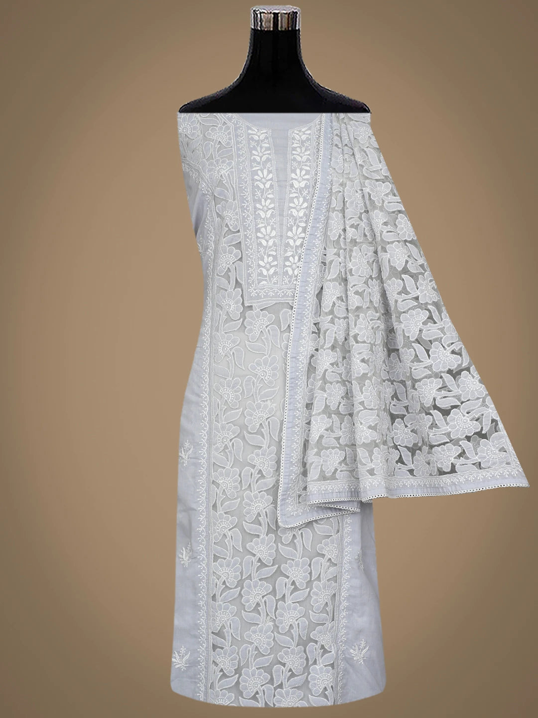 Ada Hand Embroidered Light Grey Cotton Lucknowi Chikankari Semi-Stitched Kurta Dupatta Set 01A862886