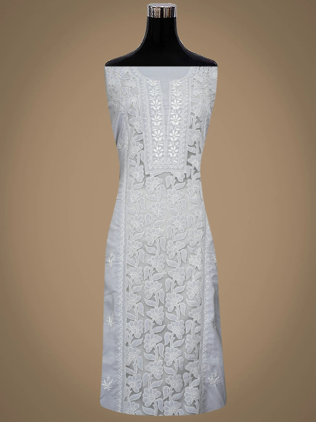 Ada Hand Embroidered Light Grey Cotton Lucknowi Chikankari Semi-Stitched Kurta Dupatta Set 01A862886