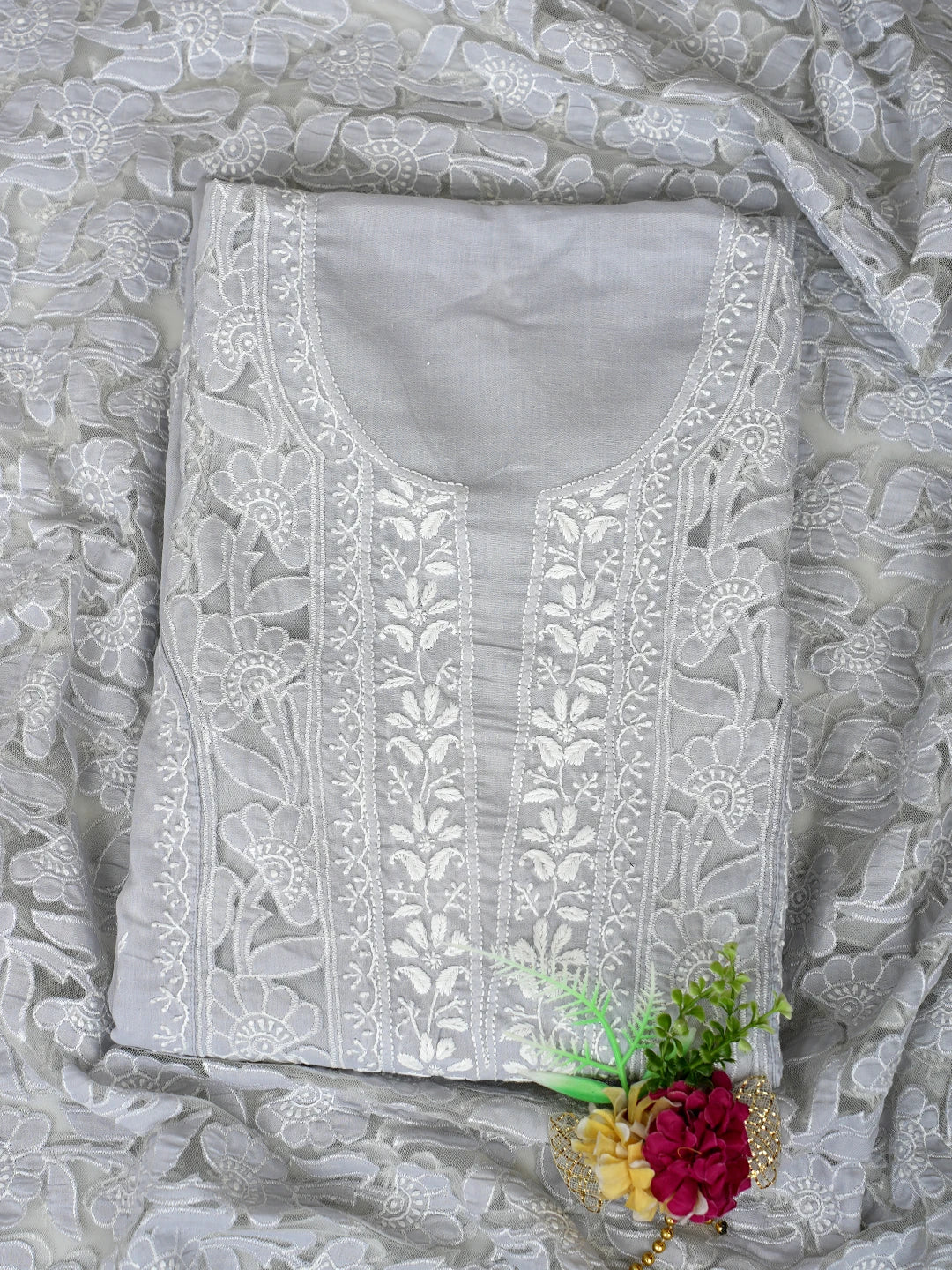Ada Hand Embroidered Light Grey Cotton Lucknowi Chikankari Semi-Stitched Kurta Dupatta Set 01A862886