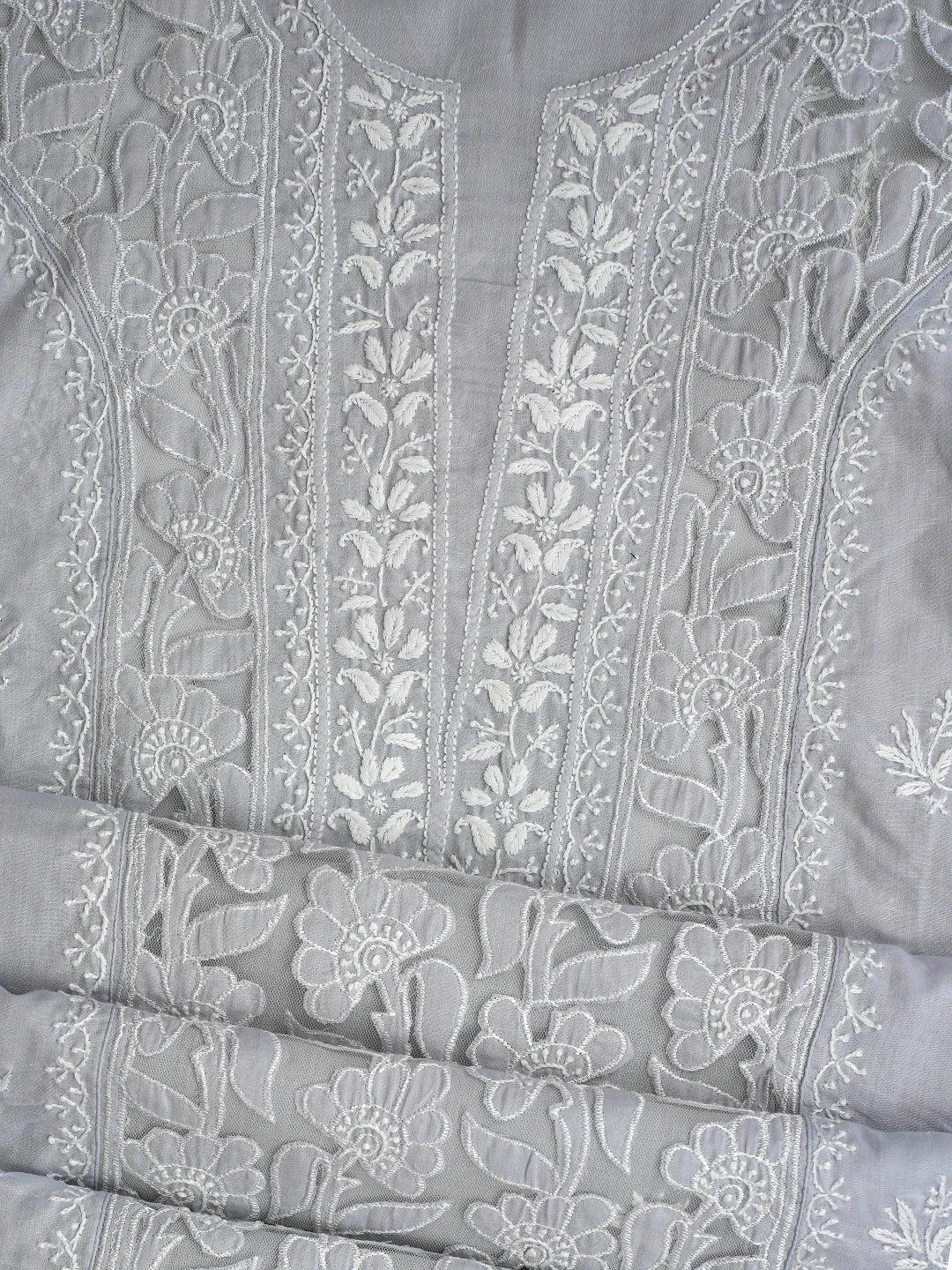 Ada Hand Embroidered Light Grey Cotton Lucknowi Chikankari Semi-Stitched Kurta Dupatta Set 01A862886