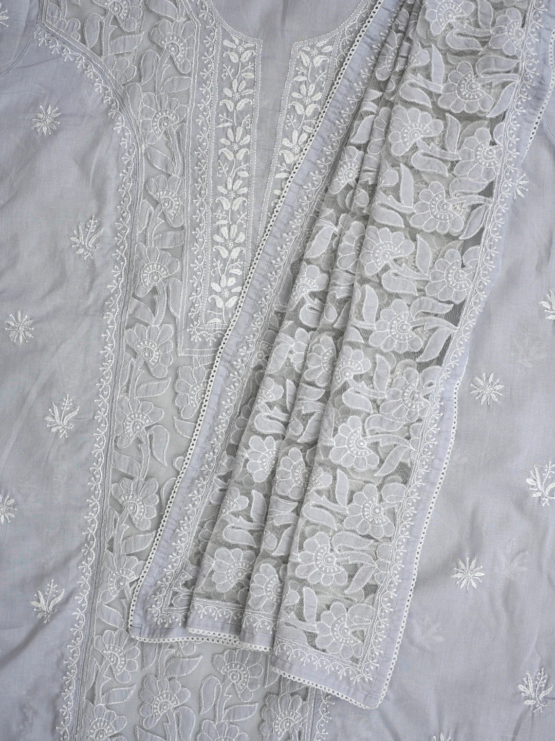 Ada Hand Embroidered Light Grey Cotton Lucknowi Chikankari Semi-Stitched Kurta Dupatta Set 01A862886