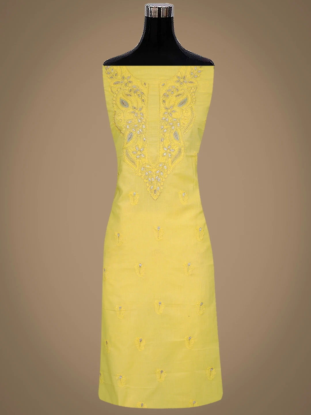 Ada Hand Embroidered Yellow Cotton Lucknowi Chikankari Unstitched Kurta Dupatta Set With Zari Work A297870