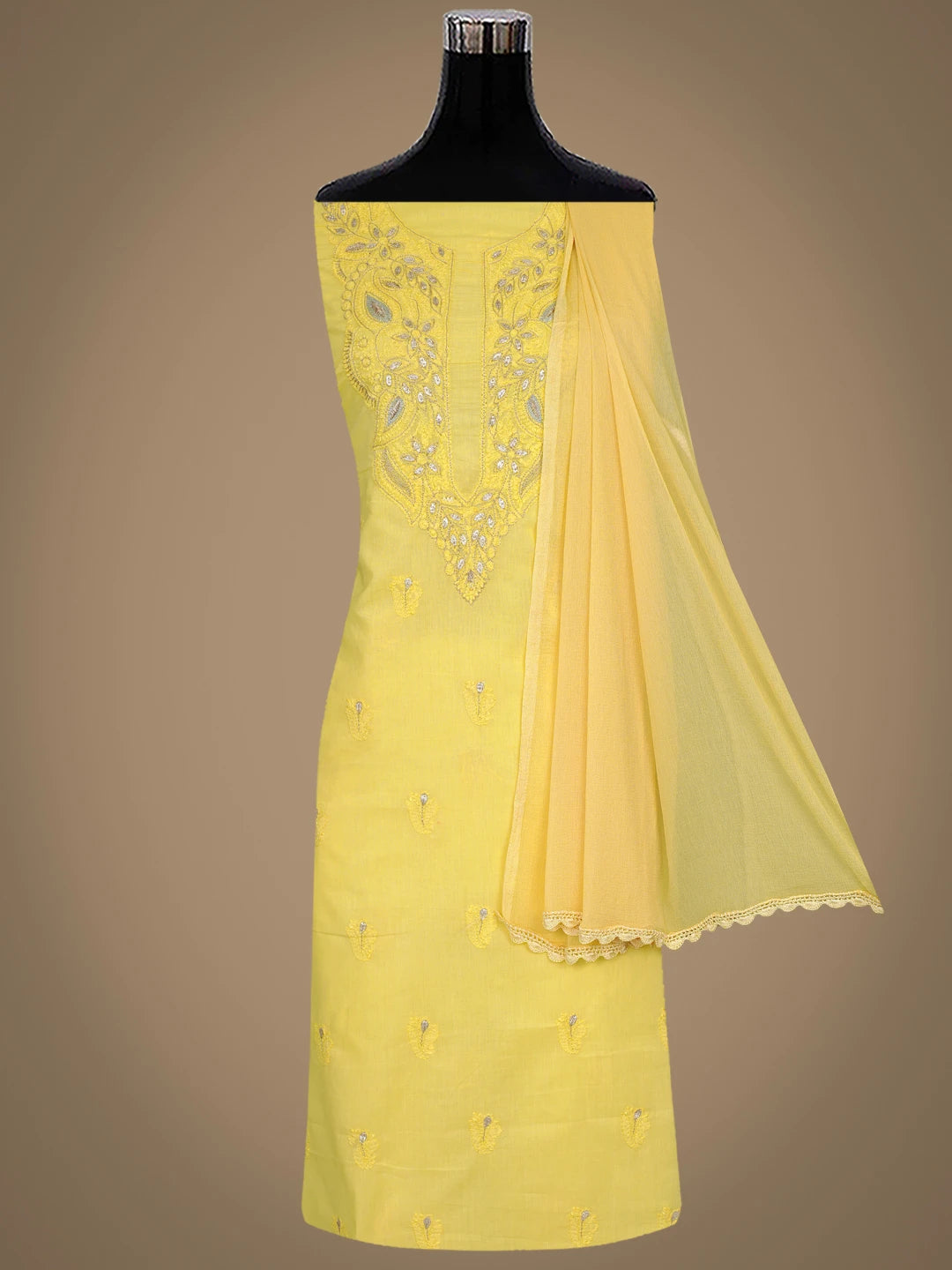 Ada Hand Embroidered Yellow Cotton Lucknowi Chikankari Unstitched Kurta Dupatta Set With Zari Work A297870