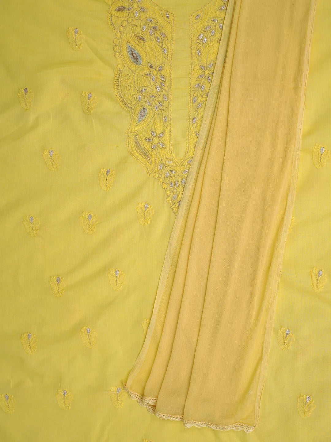 Ada Hand Embroidered Yellow Cotton Lucknowi Chikankari Unstitched Kurta Dupatta Set With Zari Work A297870