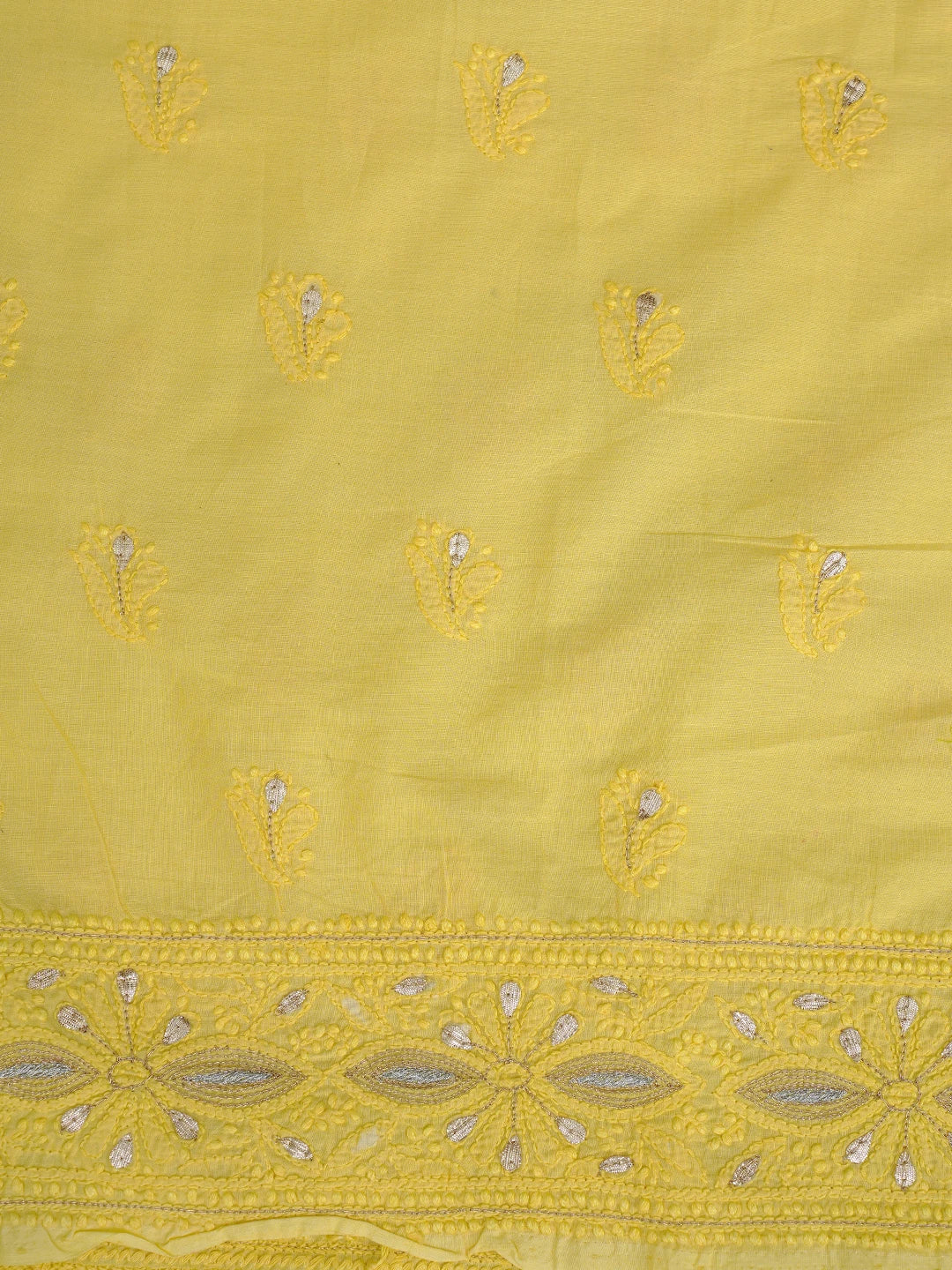 Ada Hand Embroidered Yellow Cotton Lucknowi Chikankari Unstitched Kurta Dupatta Set With Zari Work A297870